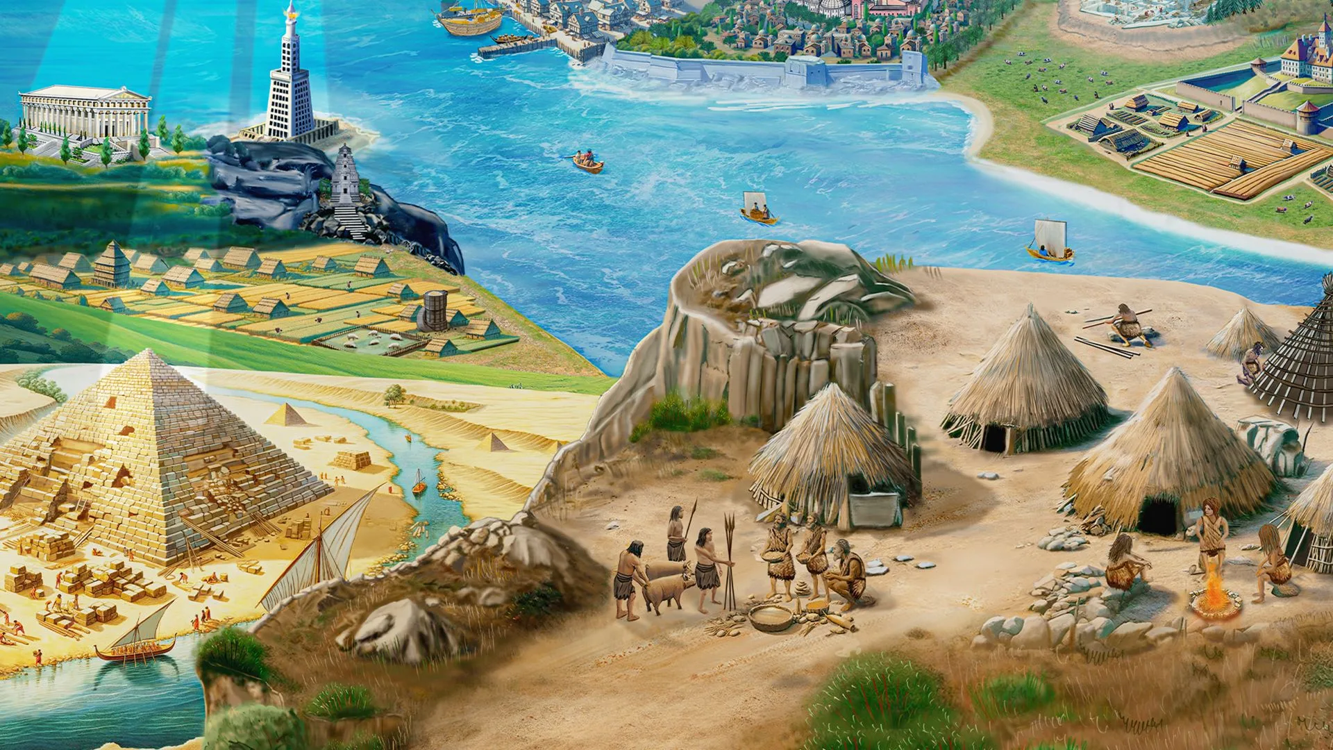 INCEPTUM: Dawn of Civilizations board game showing Ancient Age community engaging in bartering of goods.