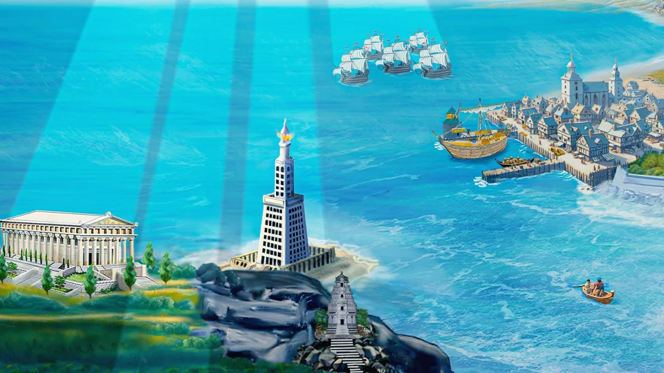INCEPTUM: Dawn of Civilizations board game showing Ancient age wonder, The Temple of Artemis, and a medieval age harbour.