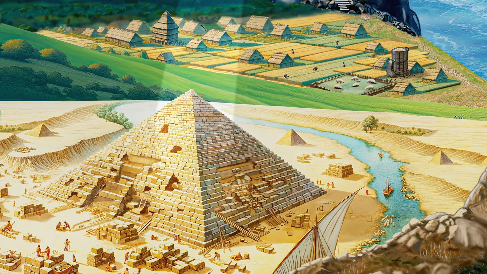 INCEPTUM: Dawn of Civilizations board game showing construction of The Great Pyramids.