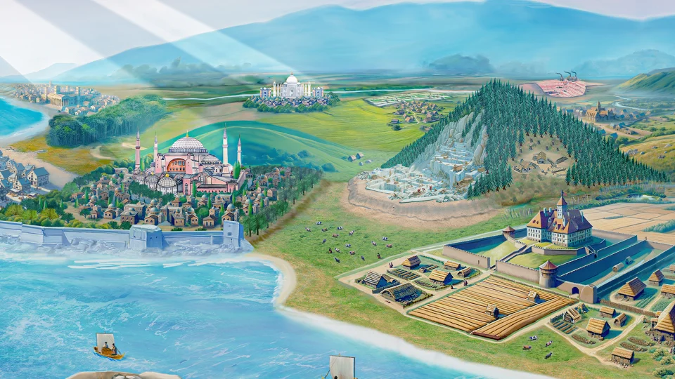 INCEPTUM: Dawn of Civilizations board game showing medieval age feudalistic society with a stone quarry and timer depot.