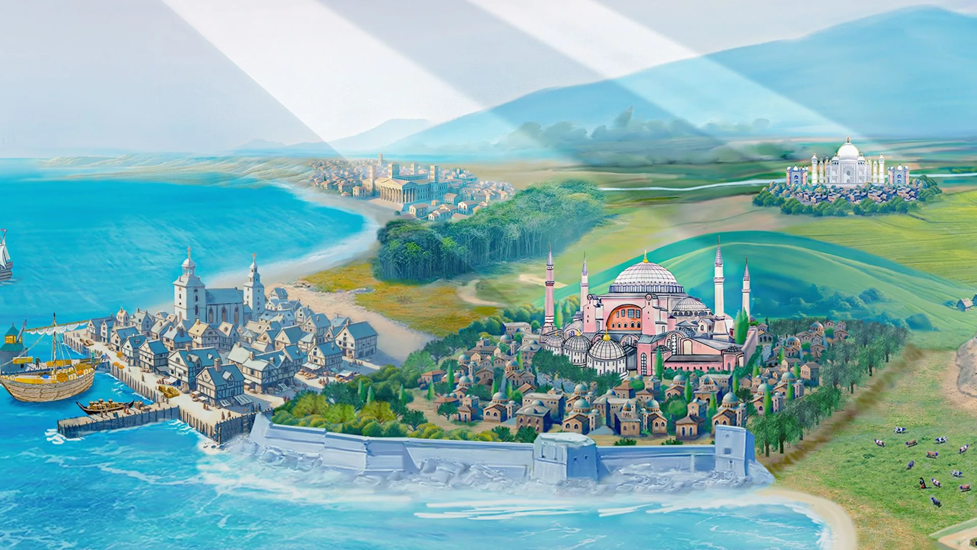 INCEPTUM: Dawn of Civilizations board game showing thriving medieval cities with the Hagia Sophia and The Taj Mahal