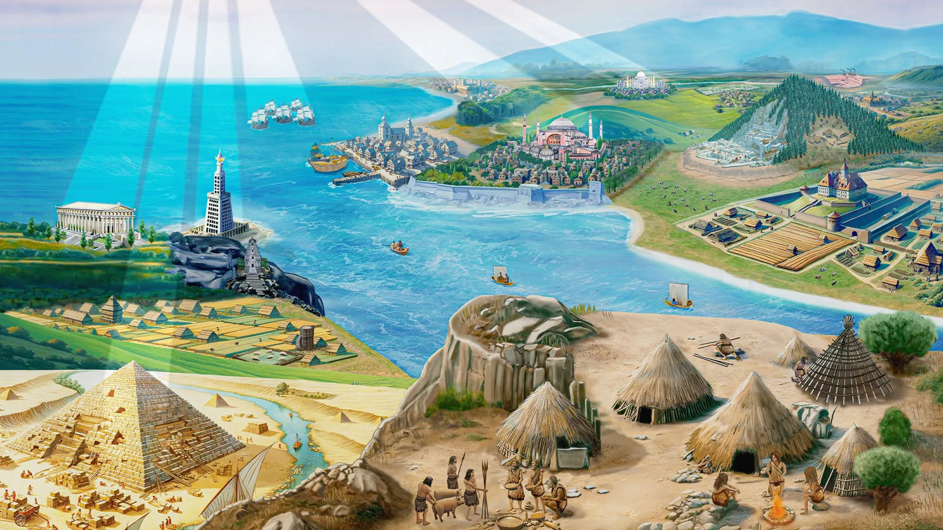 INCEPTUM: Dawn of Civilizations board game showing evolution of multiple civilizations across ancient and medieval ages with the passage of time and many great wonders of the world.